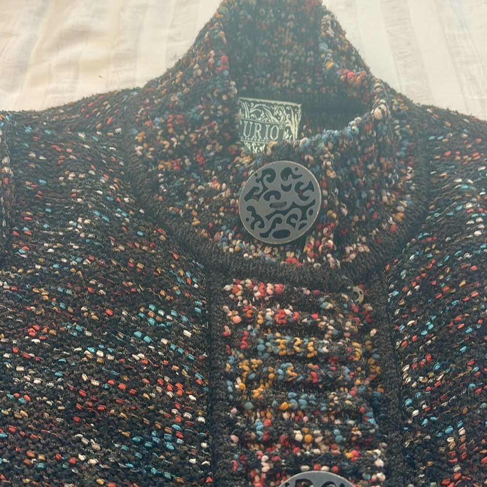 Brown sweater with periwinkle blue, red, gold, taupe in pattern long sweater